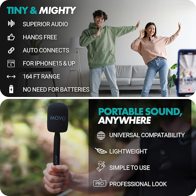 Movo Wireless Mini UC Duo Dual Ultra Compact Wireless Lavalier Microphones for iPhone 15/16/17 with Handheld Adapter - Lapel Mic with Handle Mount for Content Creators, Interviews, Reporting and More