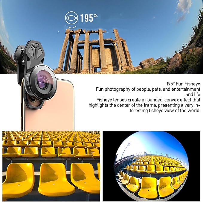 5 in 1 Phone Camera Lens Kit, 10X Macro Lens, 2X Telephoto Lens, 195° Fisheye, 110° Wide Angle, 170° Super Wide Angle, for Double Lens Single Lens Smart Phone