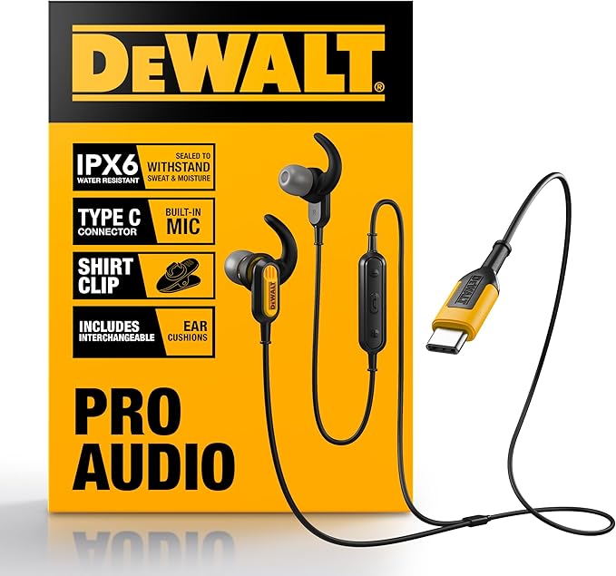 DEWALT Heavy Duty Jobsite USB C Headphones for iPad/iPhone 17/16/15 Pro Max, Corded Type C Earphones USBC Ear Buds Wired w/Microphone Volume Control Module, Compatible w/MacBook Samsung S23 Ultra