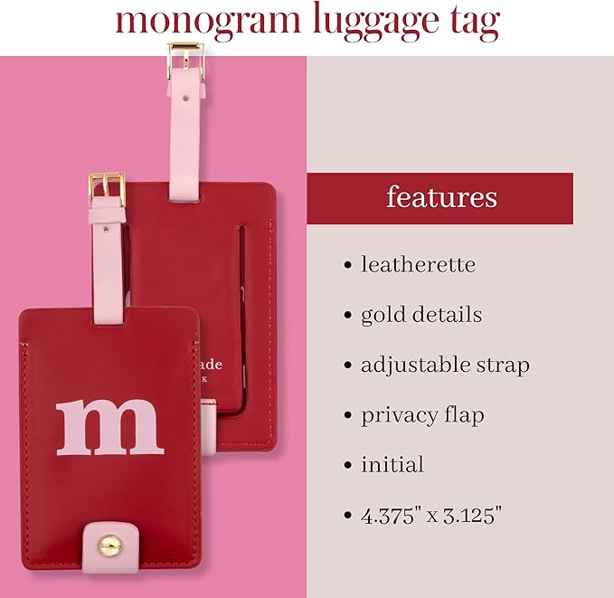Kate Spade New York Leatherette Luggage Tag with Secure Strap, Colorful Suitcase Identifier for Travel, Monogram Bag Tag ID (M) (Pack of 2)