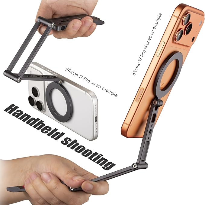 Ultra-Compact Magnetic Tripod Stand: Aluminum Phone Mount for iPhone 17/16/15/14/13/12 Pro Max, Adjustable Cellphone Holder with 1/4” Screw & Travel Hook (Grey)