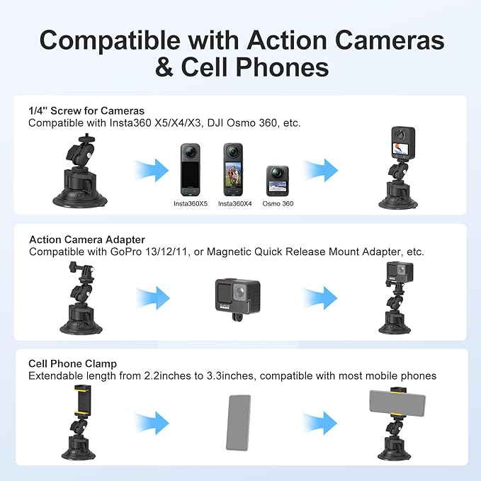 MINIFOCUS Suction Cup Camera Mount with Phone Holder, Car Camera Mount with Ball Head Magic Arm for Windshield Dash Compatible with GoPro Hero 11/10/9, DJI Osmo Action/Procket, Insta360 X5/4/3