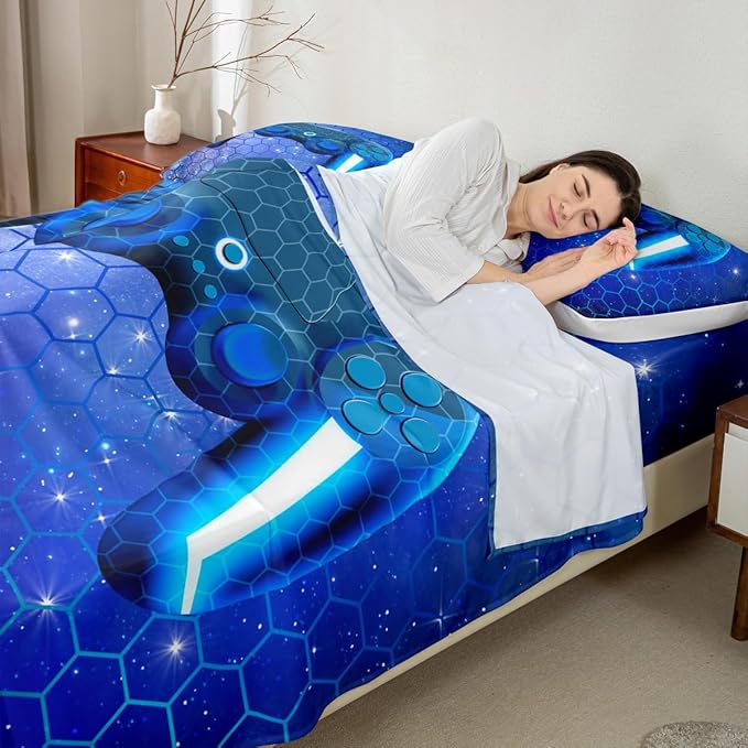 Gamer Sheet Sets for Boys King Size Video Games Gaming Bedding Set Blue Honeycomb Hexagon Print Fitted Sheet 3 Pcs Soft Microfiber All Season Machine Washable Flat Sheet with 2 Pillowcases
