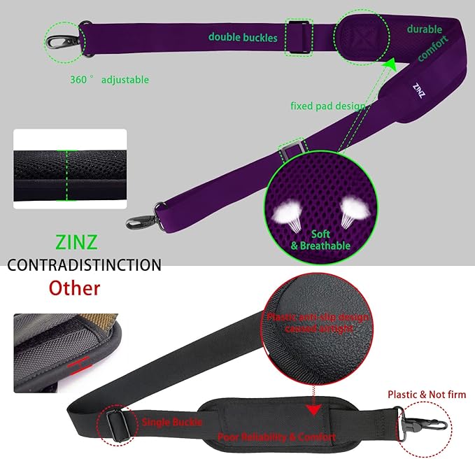 ZINZ 79 inch Shoulder Strap, Extra-thick Fixed Cushion Pad and Dual Clasps Universal Replacement Strap with Metal Swivel Hooks for Laptop Bags, Luggage Bags, Camera, Crossbody (200cm,Purple)