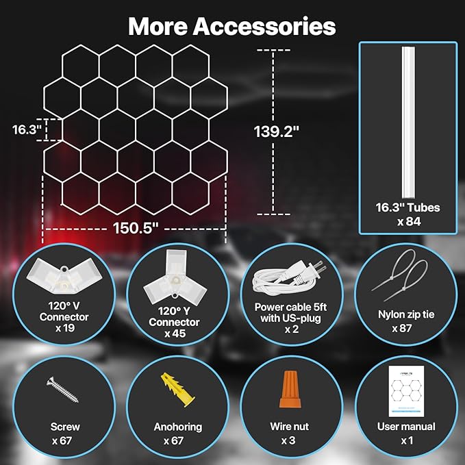 HYPERLITE Gen 2 Hexagon Garage Lights: 581W 58100LM 22 Grids Hexagon Led Light, 6500K Ultra Bright Honeycomb Hex Lights, Easy Install, Durable Design for Garage, Car Detailing, Workshops, Shops, Gym