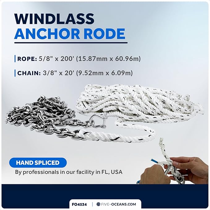 Five Oceans Windlass Anchor Rode, Hand-Spliced Anchor Rope and Chain Combination Kit, Nylon 3-Strand Rope, HT G4 Stainless Steel Chain for Boat Anchor System - Multiple Sizes