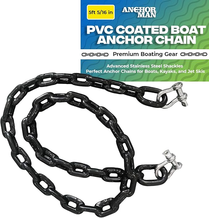 Anchor-Man PVC Coated Boat Anchor Chain with Advanced Stainless Steel Shackles - Perfect Anchor Chains for Boats, Kayaks, and Jet Skis - 2 Sizes (4ft 1/4in, 5ft 5/16in) - Black Coated Anchor Chain