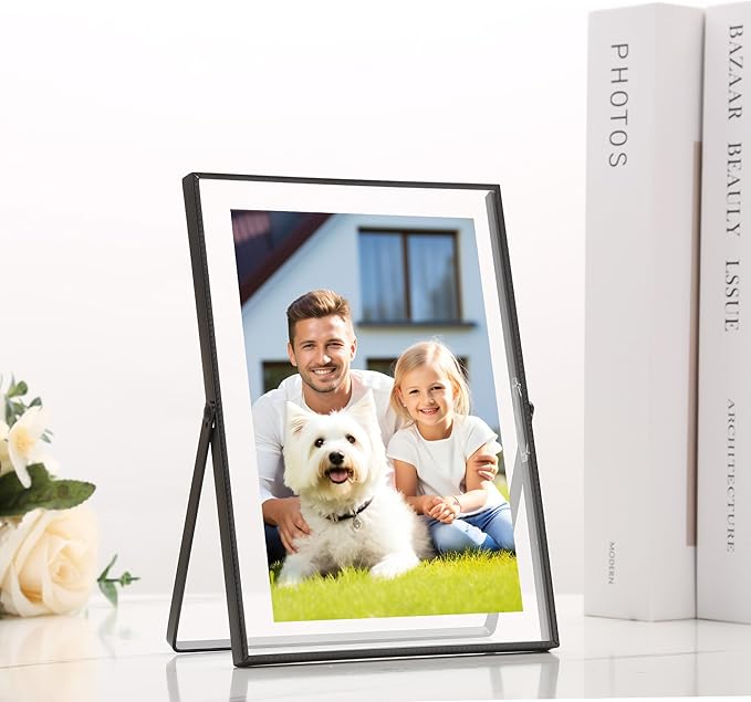 Black 5x7'' Floating Picture Frame Set of 2,For Photo Sizes (3.5 x5'',4x 6''), Beautiful Metal Beaded Edge Frames Adjustable Tabletop/Shelf Photo Frame,Classy Gift Choice for Wedding