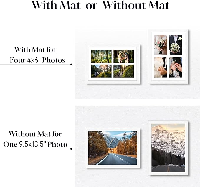 4"x6" Photo Collage Frame 4 Openings, 9.5"x13.5" Multi Picture Frame Collage Wall Decor, White Frame with White Mat, Wood