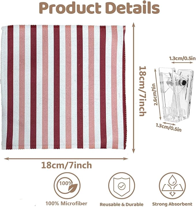 8-Pack Ultra-Fine Microfiber Kitchen Towels, 7-Inch Square with 8 Clips & Multiple Patterns – Soft, Absorbent, Reusable Cleaning Cloths (Stripes)