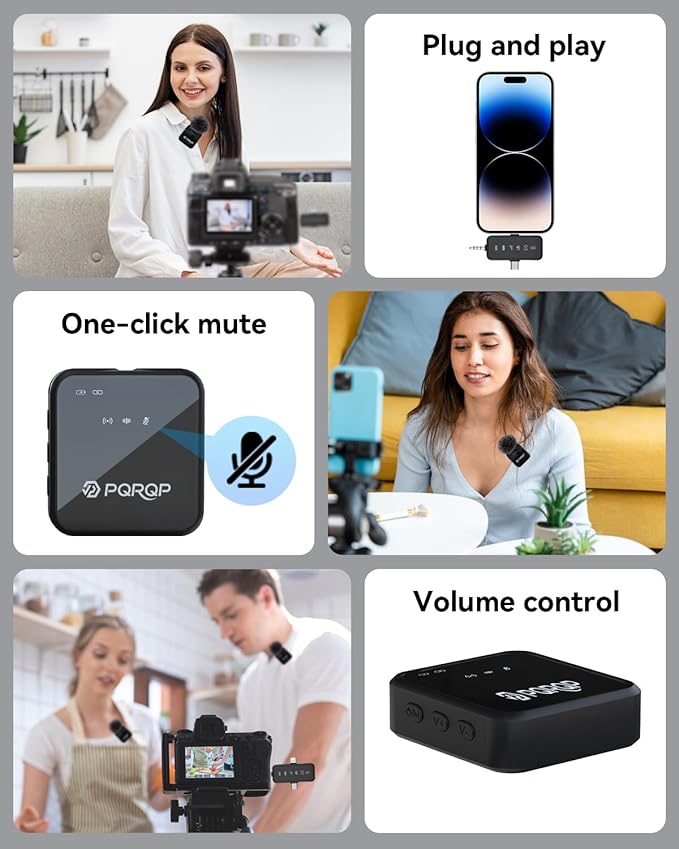 PQRQP 3 in 1 Microphone for iPhone/Android/Camera, Wireless Microphones, 328ft Transmission, 18H Battery Life, Mini Microphone for Record Interview, Vlogs, Tiktok