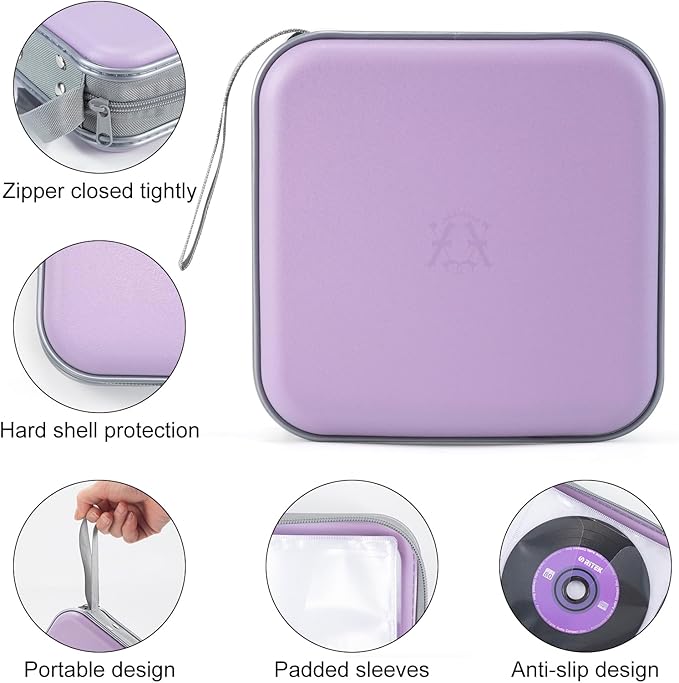 alavisxf xx 48 Capacity Hard Plastic DVD Case Portable Zipper CD Case Holder Large Storage Disc Wallet Bag for Car Home Travel (Lavender)