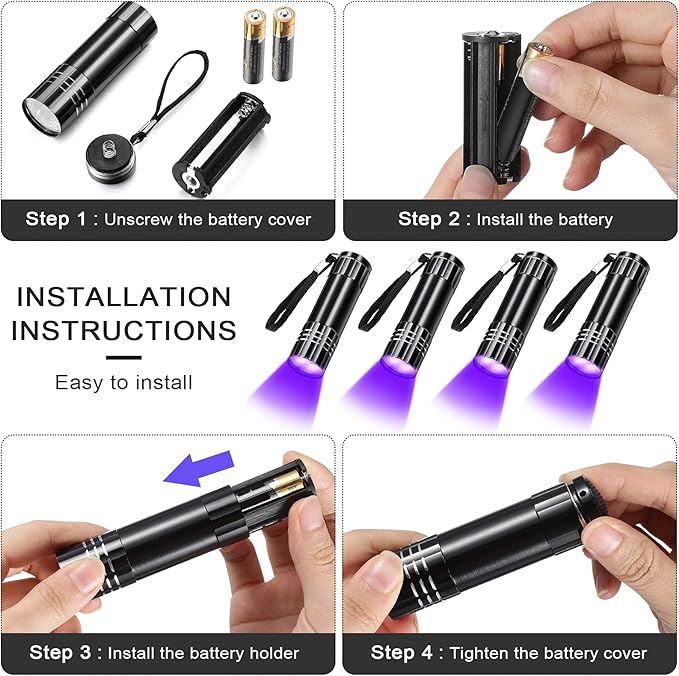 Riakrum 12 Pcs UV Blacklight Flashlights LED Handheld Mini Light Flashlight Small Portable Detector 395nm 9 LED Light for Pet, Carpet Dry Stains Detection, Spot Scorpions, Resin Curing (Black)