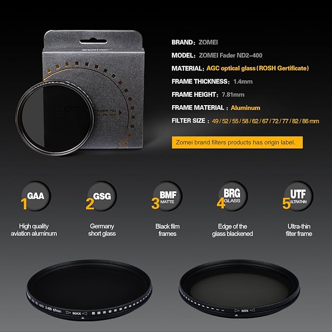 ZoMei 49mm Ultra Slim ND2-ND400 Fader Variable Neutral Density Adjustable Lens Filter Ultra Slim ND Filter Optical Glass