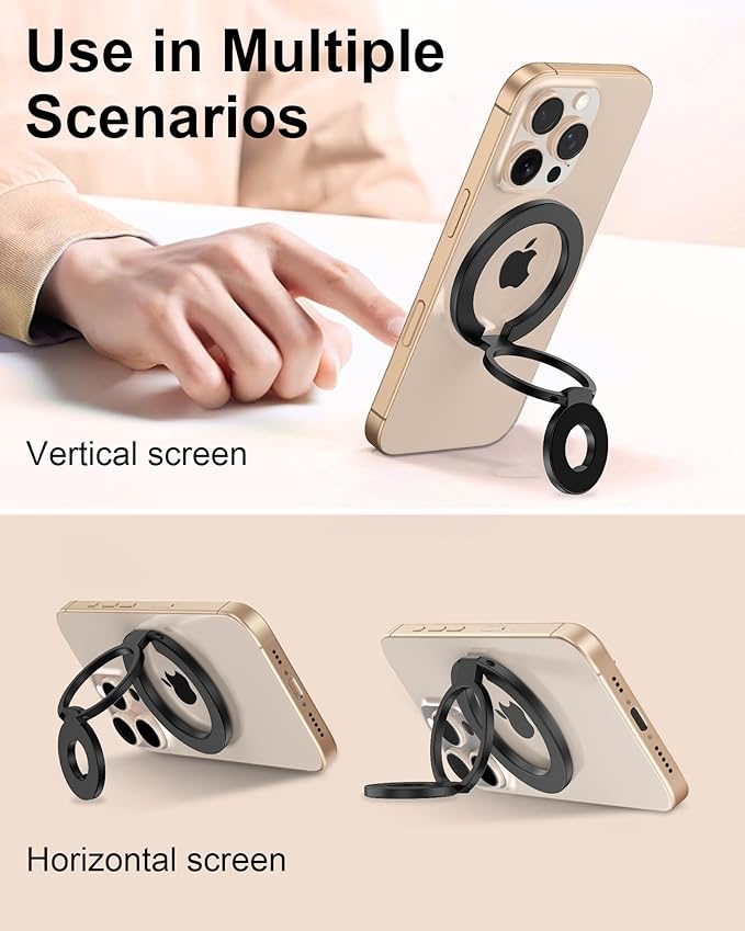 Phone Ring Holder Grip with Dual-Side Magnets, Universal Magnetic Kickstand Stand, Wireless Charging Friendly, Foldable for iPhone 17 Pro Max, Samsung, Case, Desk, Car Mount, MagSafe Compatible-Black