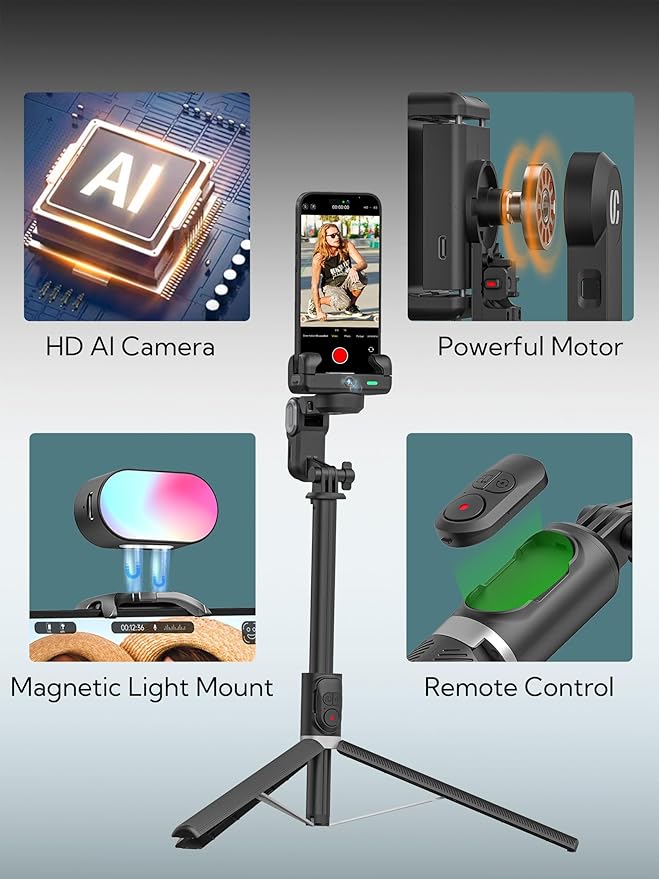AOCHUAN Auto Face Tracking Tripod 360 Rotation w/RGB Light,Single-axis Phone Gimbal for iPhone Android w/Remote Control,Phone Stand Follow You for Video Recording,TikTok Vlogging(M2Pro Black)