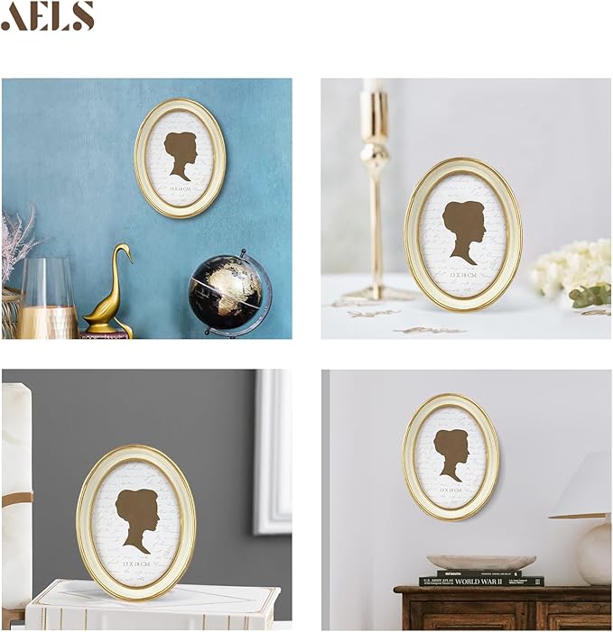AELS 5x7 Inch Vintage Picture Frame, Elegant Antique Photo Frames with Glass Front, Photo Display, Tabletop Wall Hanging, Gift Ideas, Off-white Oval with Gold Trim