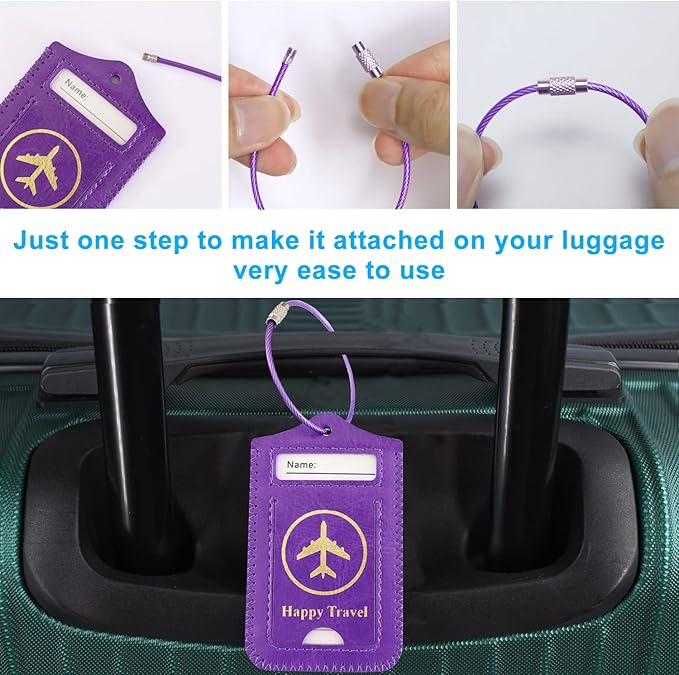 Luggage Tags, ACdream Leather Case Luggage Bag Tags Travel Tags 2 Pieces Set, Purple
