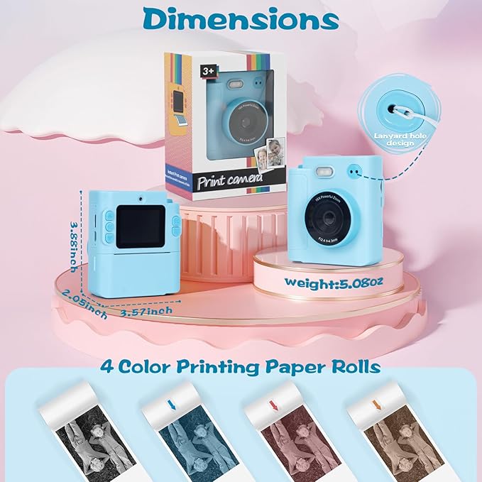 Kids Camera Instant Print, 1080P HD Dual-Lens Selfie Digital Camera with 5 Printing Paper Rolls & 32G TF Card, for Children, Portable Toddler Toy for Age 3-12 Boys & Girls (Blue)