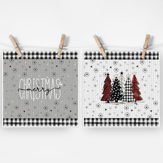 Artoid Mode Black Xmas Tree Snowman Merry Christmas Kitchen Dish Cloths, 12x12 Inch Quick Dry Microfiber Dishcloths for Kitchen Dish Rags Set of 4