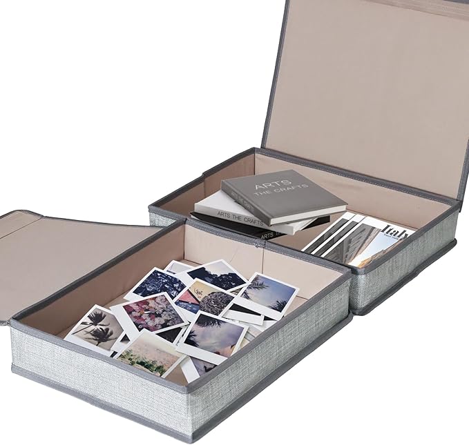 ORGMASTER Photo Storage Boxes with Lids, Memory Box for Keepsakes, Picture Organizer Versatile Linen Containers Basket Collapsible Bin for Organizing Home Office, 2 Pack, 14x10.8x2.5 Inch, Gray