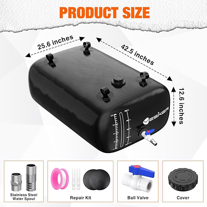 Yesker Portable Water Storage Bladder 63 Gallon – Heavy-Duty 1000D PVC Foldable Water Bladder Tank with 3/4" PVC Spigot for Garden, Camping & Emergency Use, Black