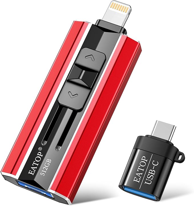 EATOP 512GB Flash Drive Intended for iPhone iPad Android and Computers, 4 in 1 Photo Stick for Phone Memory Storage Easily Backup Photos Videos, Plug and Play, No Application Required (Red)