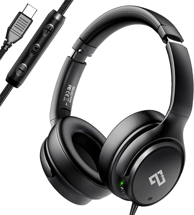 USB C Headphones Wired Headphones Over Ear with HD Mic, Lightweight Foldable Active Noise-Canceling Headphone for iPad/Sports/School/Travel/iPhone 17/16, Samsung S25/S24, Google Pixel 9,Ideal Gifts