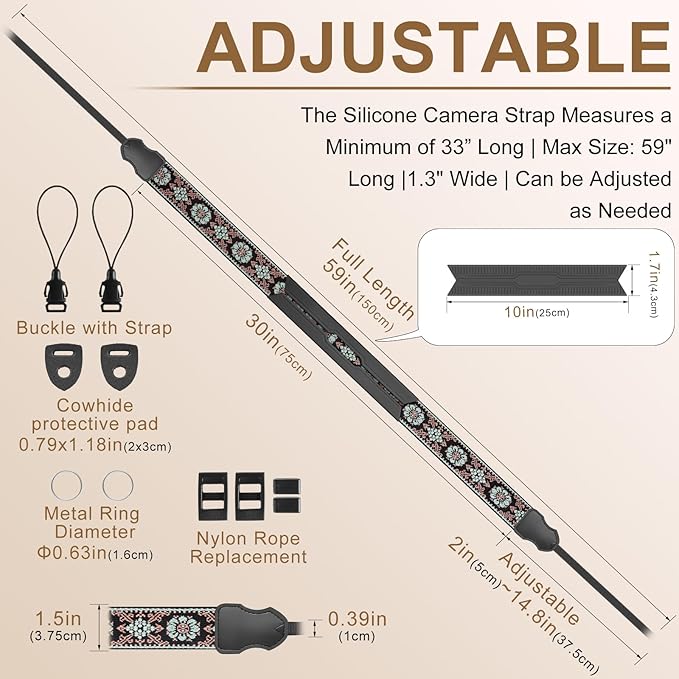Neck Strap Silicone Camera Straps - Padded Camera Strap, 1.5" Wide Adjustable Nylon Shoulder Strap - Compatible with Canon, Nikon, Sony, and More DSLR and Mirrorless Cameras (Green)