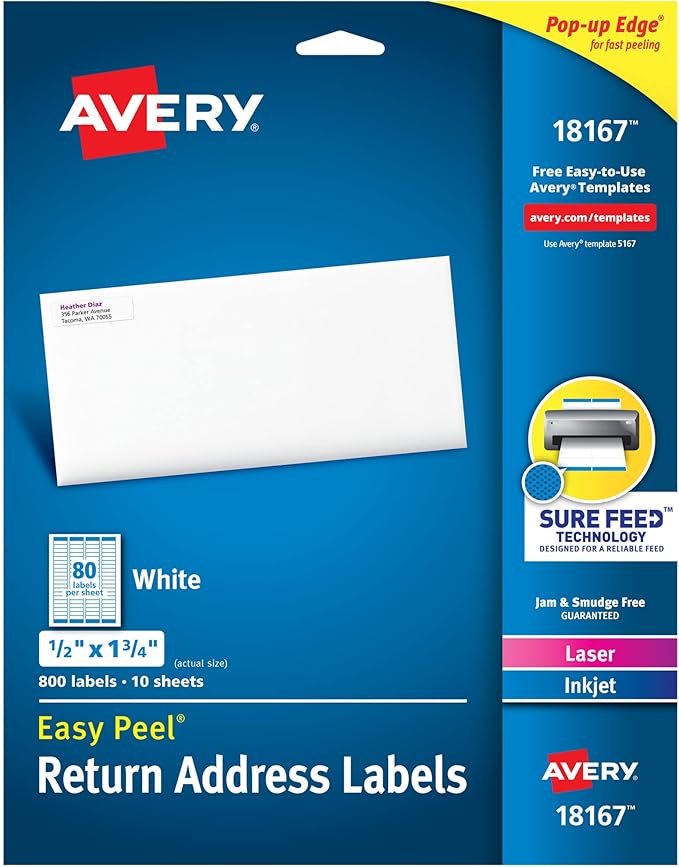 Avery Printable Return Address Labels with Sure Feed, 0.5" x 1.75", White, 800 Blank Mailing Labels (18167)