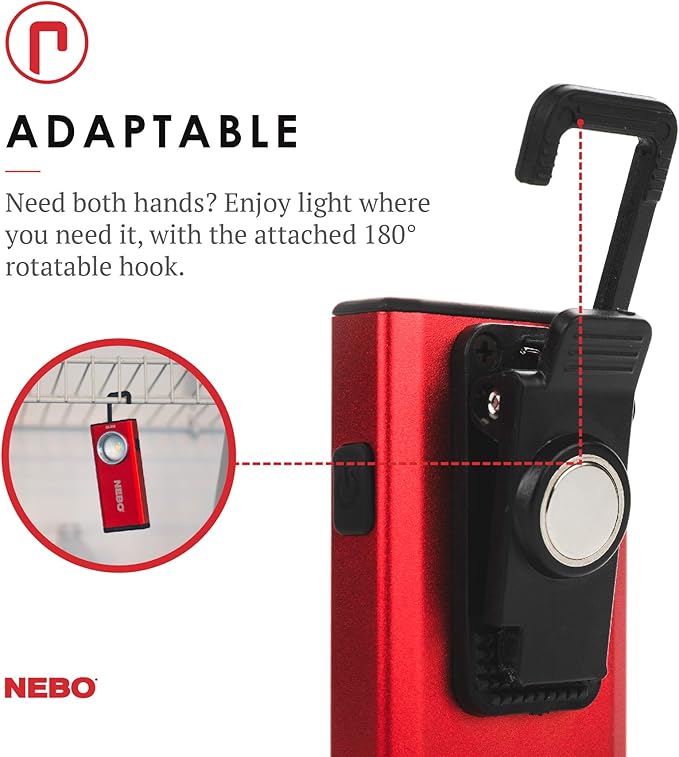 NEBO Slim Pocket Flashlight | 500 Lumens, Rechargeable Mini EDC Work Light, Magnetic Base & Dimmable Brightness, Durable & Water Resistant, Includes Charging Cable — Red