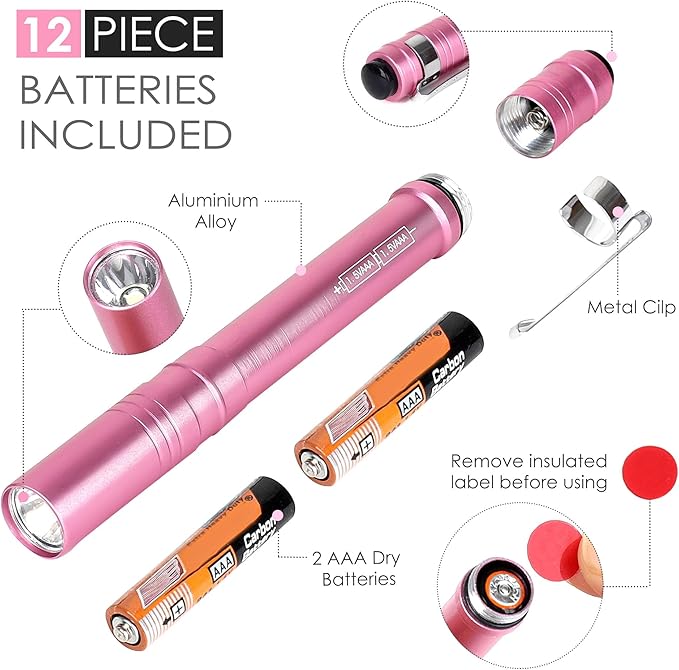 FASTPRO 6-Pack Pen Light, Aluminum LED Penlights with Batteries Included, Pocket Pen Flashlight with Clip for Inspections, Repairs, Camping and Emergencies, Pink
