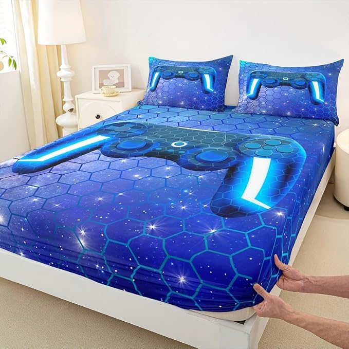 Gamer Sheet Sets for Boys Queen Size Video Games Gaming Bedding Set Blue Honeycomb Hexagon Print Fitted Sheet 3 Pcs Soft Microfiber All Season Machine Washable Flat Sheet with 2 Pillowcases
