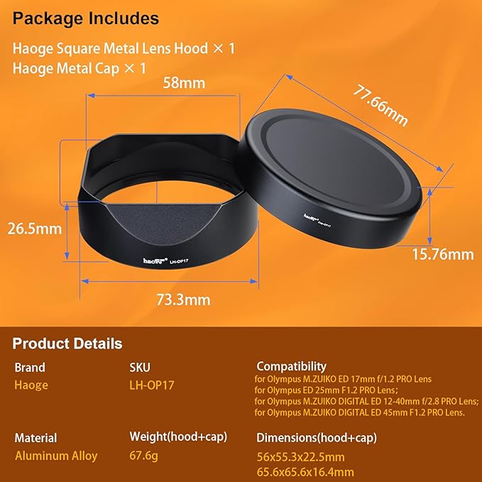 Haoge LH-OP17 Square Metal Lens Hood with Metal Cap Set for Olympus M.ZUIKO ED 17mm f1.2 25MM F1.2 PRO, 12-40mm f2.8 45mm f/1.2 Pro Lens