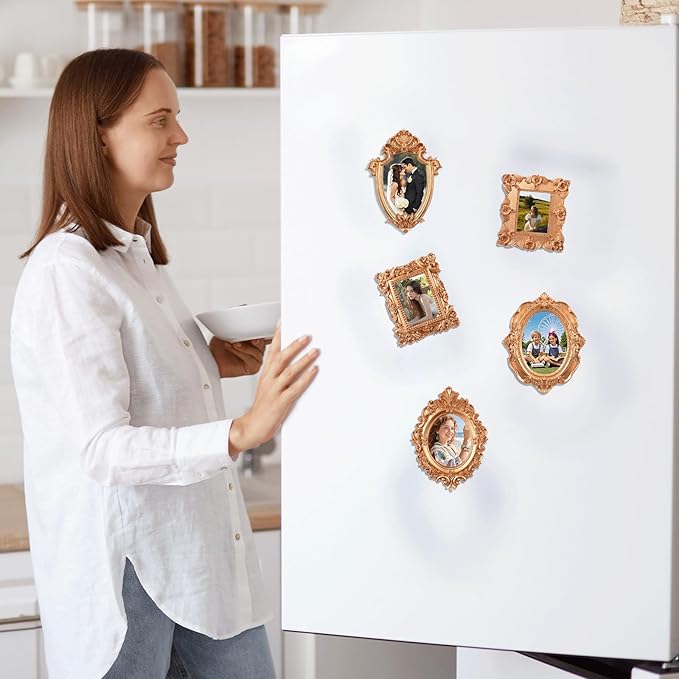 5 Pcs magnetic picture frames for refrigerator:Refrigerator Mini Frames Magnetic Vintage Picture Display with Back Small Antique Picture Frames with Hooks holders and Rope Refrigerator Magnets Photo Display Christmas Decor(Golden 5 Pcs )