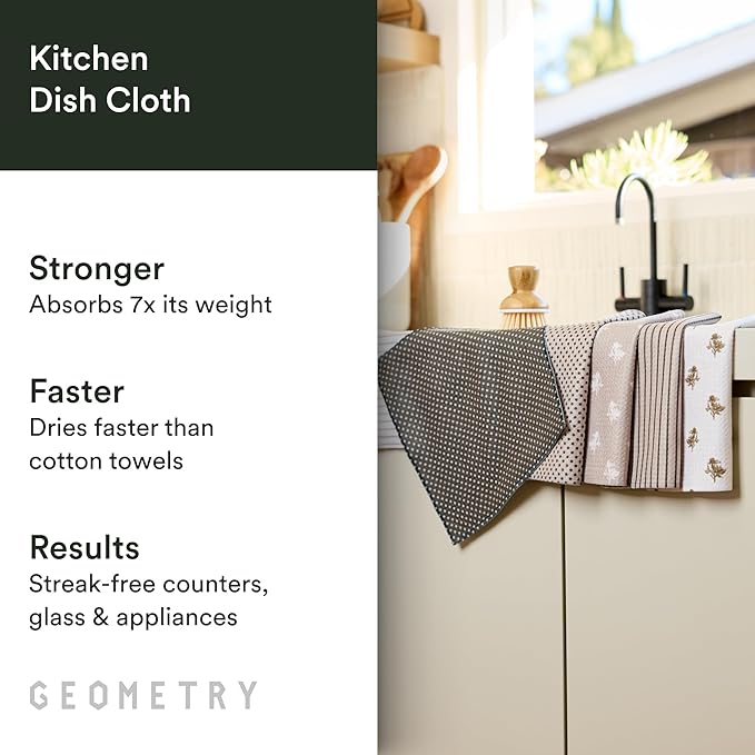 GEOMETRY Dishcloth – Evergreen Collection – Quick-Dry, Ultra-Absorbent, Reusable Microfiber Kitchen Towels for Drying & Cleaning - Willow Stone - 3 Pack