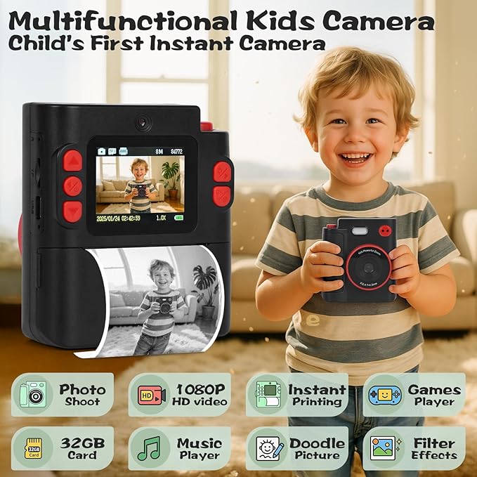 Kids Camera Instant Print, 1080P HD Dual-Lens Selfie Digital Camera with 5 Printing Paper Rolls & 32G TF Card, for Children, Portable Toddler Toy for Age 3-12 Boys & Girls (Black)