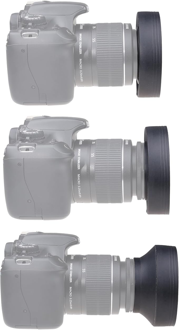Camera Lens Hood - Rubber - Set of 2 - Collapsible in 3 Steps - Sun Shade/Shield - Reduces Lens Flare and Glare - Blocks Excess Sunlight for Enhanced Photography and Video Footage