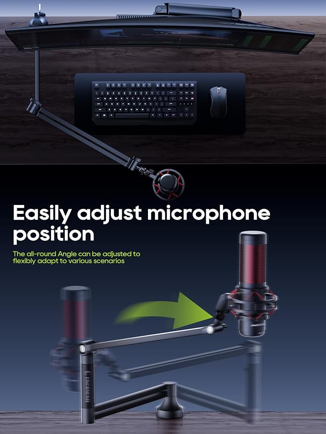 Low Profile Mic Arm, 360° Rotatable Microphone Boom Arm Mic Stand for Fifine AM8 K669B Blue Yeti HyperX shure sm7b SoloCast AT2020, with Mic Clip 3/8" to 5/8", Black