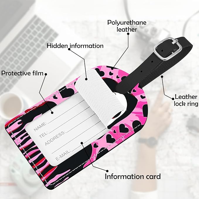 2 Pack Luggage Tag Suitcase Tags PU Leather Identifiers Privacy Cover Luggage Tags Aesthetic Cute Travel Bag Labels for Women Girls Men-Black Heart