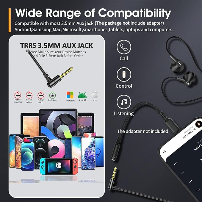 Black Wired Earbuds with Mic in-Ear Earphones Build-in Microphone HiFi Stereo Headphones Compatible for iPhone iPad Android Mp3 and Most of 3.5mm Aux Devices