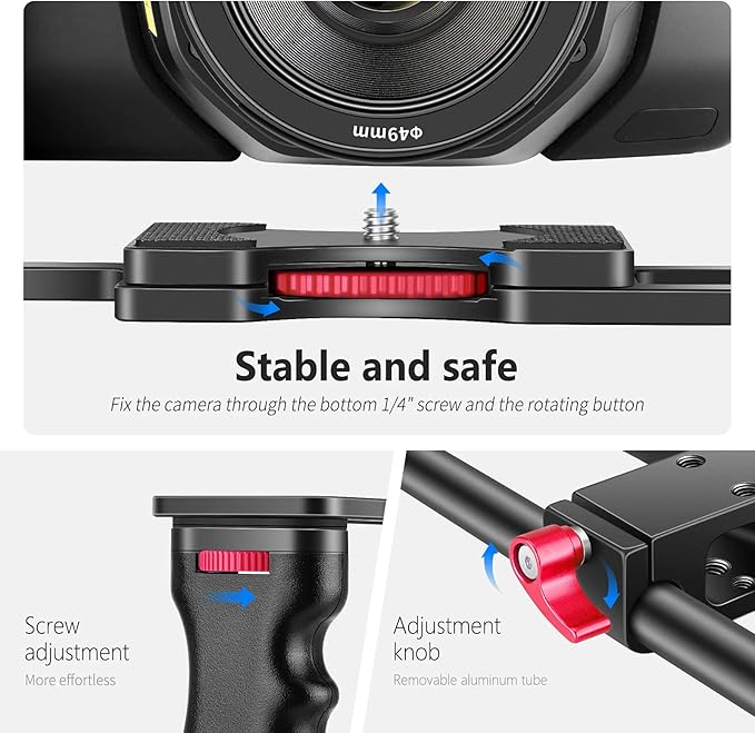 NEEWER Camera Video Cage Film Movie Making Kit, Aluminum Alloy with Top Handle, Dual Hand Grip, Two 15mm Rods, Compatible with Canon Sony Fujifilm Nikon DSLR Camera and Camcorder (Black + Red)
