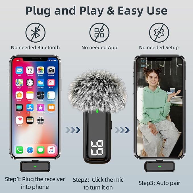 2 in 1 Wireless Lavalier Microphone for iPhone Android Phone, Noise Canceling USB C Microphone with Charging Case for Video Recording Vlogging Tiktok YouTube