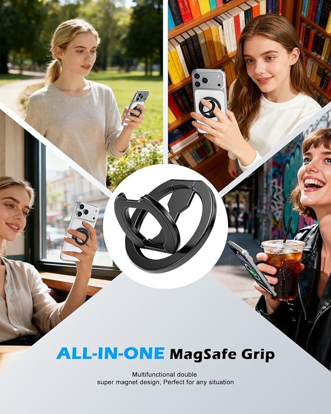 CloudValley for Magsafe Phone Grip Holder - Adjustable Dual-Sided Magnetic Finger Ring Stand 4-in-1, Compatible with iPhone 17/16-12 & MagSafe Car Mounts, Black