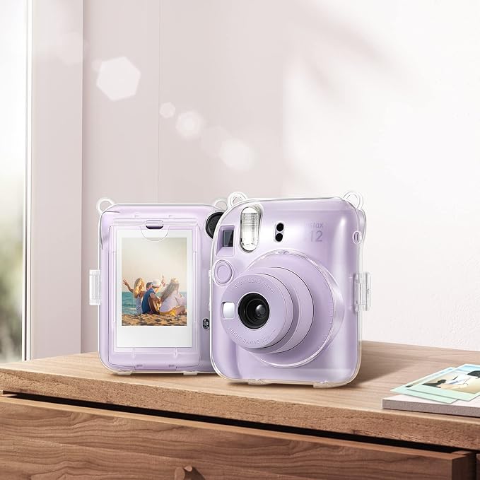 Fintie Protective Clear Case for Fujifilm Instax Mini 12 Instant Camera - Crystal Hard Shell Cover with Upgraded Film Pocket for Storing Photos & Removable Shoulder Strap