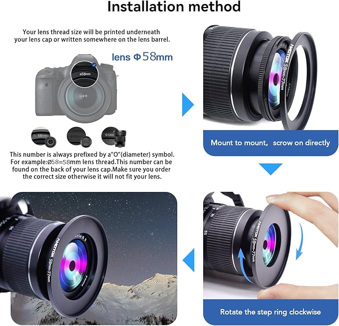 58mm to 77mm Camera Filters Ring Compatible All 58mm Camera Lenses to 77mm UV CPL ND Filter Accessory and 77mm Lens Hood(58-77mm)