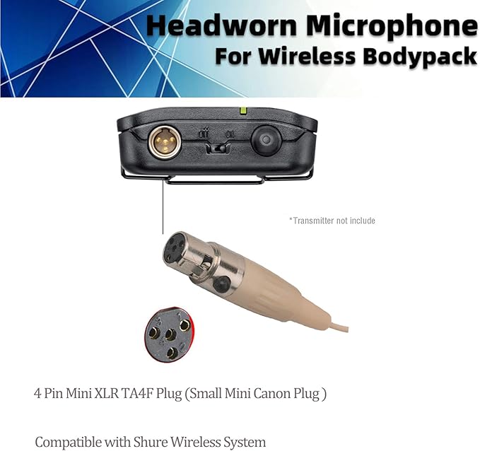 Microphone Headset Discreet Headworn Earset Over Ear Hanging Mic Compatible with Shure Wireless System Bodypack Transmitter, Ideal for Lectures, Live Performance, Theater, Podcasts – Beige