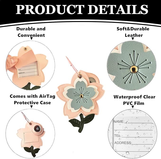 Cute Leather Luggage Tag Holder with Airtag Case Set,Hidden Compartment for AirTag Travel Suitcase Tracking Case with Stainless Steel Loop,Name ID Label(Blue Cherry Blossoms)