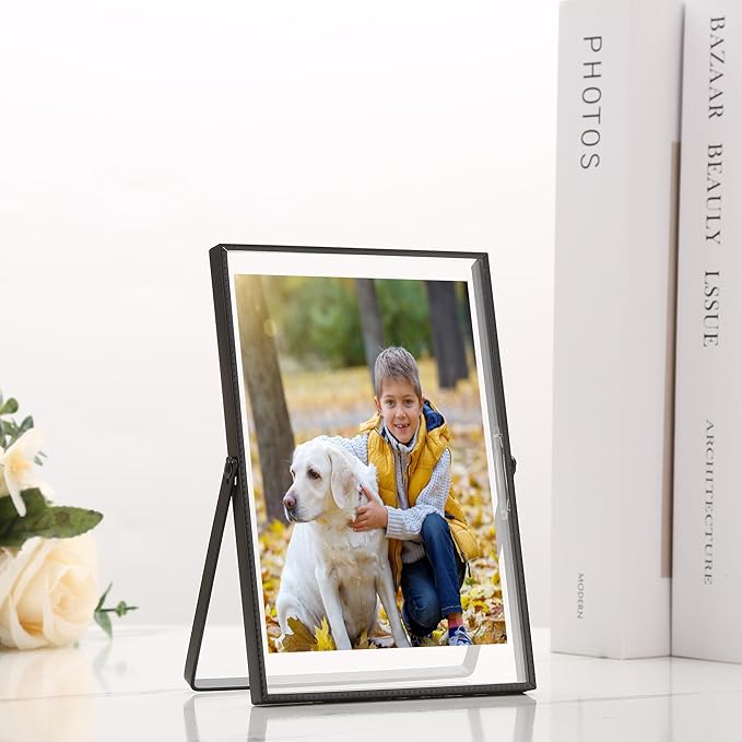 Black 4x6'' Floating Picture Frame Set of 2,For Photo Sizes (2x3'',3.5x5''),Beautiful Metal Beaded Edge Frames Adjustable Tabletop/Shelf Photo Frame,Classy Gift Choice for Wedding
