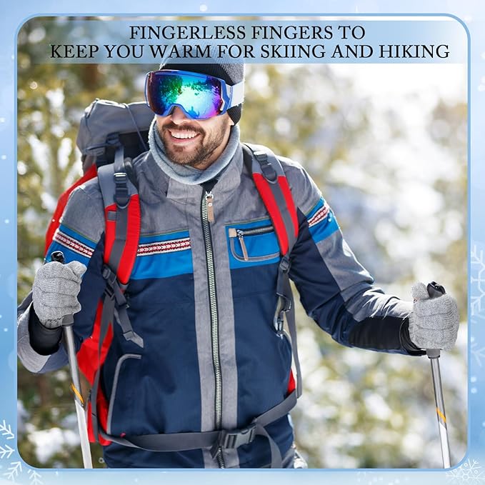Geyoga 2 Pairs Wool Fingerless Fishing Gloves for Men Women Anti-Slip with Grip Dots Warm Winter Fly Ice Fishing Gloves